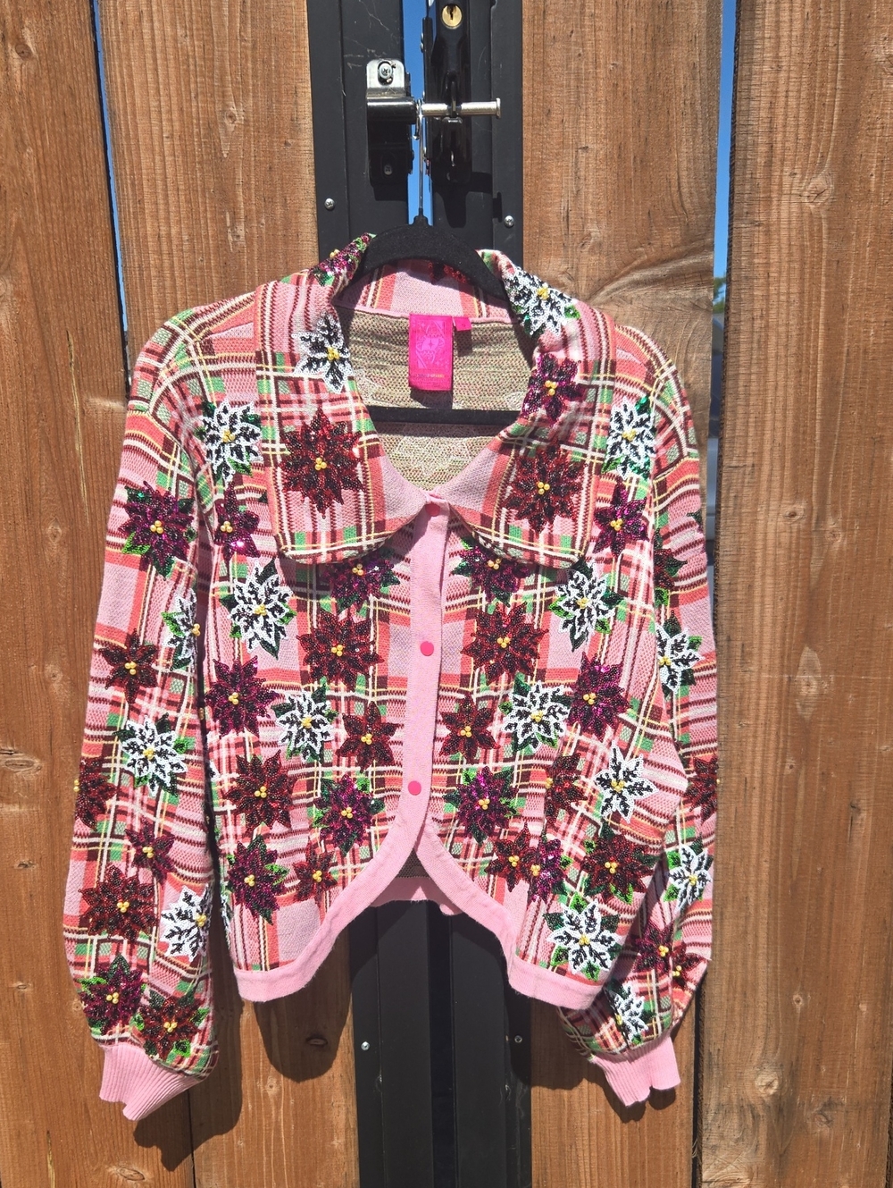 QUEEN OF SPARKLES Poinsettia & Plaid Knit Cardigan With Sequins Oversized S